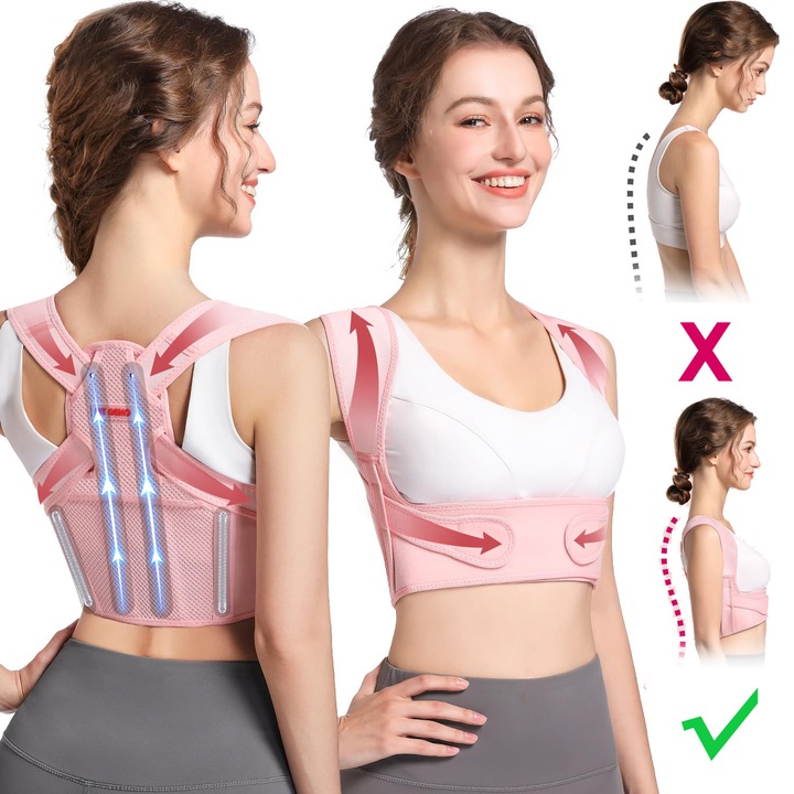 Corector de postura pentru indreptare spate, Stil scurt, expunand talia, coloana si umeri, suport ortopedic, bretele ajustabile, Confortabil si respirabil, pentru elevi/copii/adulti, marime L, talie 90-100cm, Roz