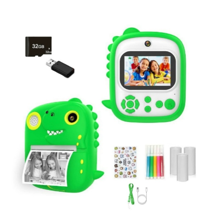 Camerǎ video digitalǎ HD imprimabilǎ pentru copii, Functii Foto, Video, Printare, HD 1080p Card Memorie 32GB, 3 printuri, 5 stilouri colorate, 28 de rame foto diferite si 6 filtre