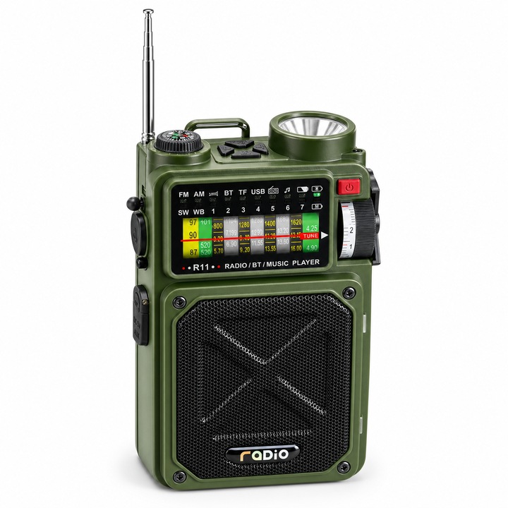 Radio de urgenta in aer liber, alerta meteorologica, 4000mAh, Bluetooth, lanterna, alarma SOS, incarcat USB, MP3 player, manivela si energie solara, AM / FM / WB Camping