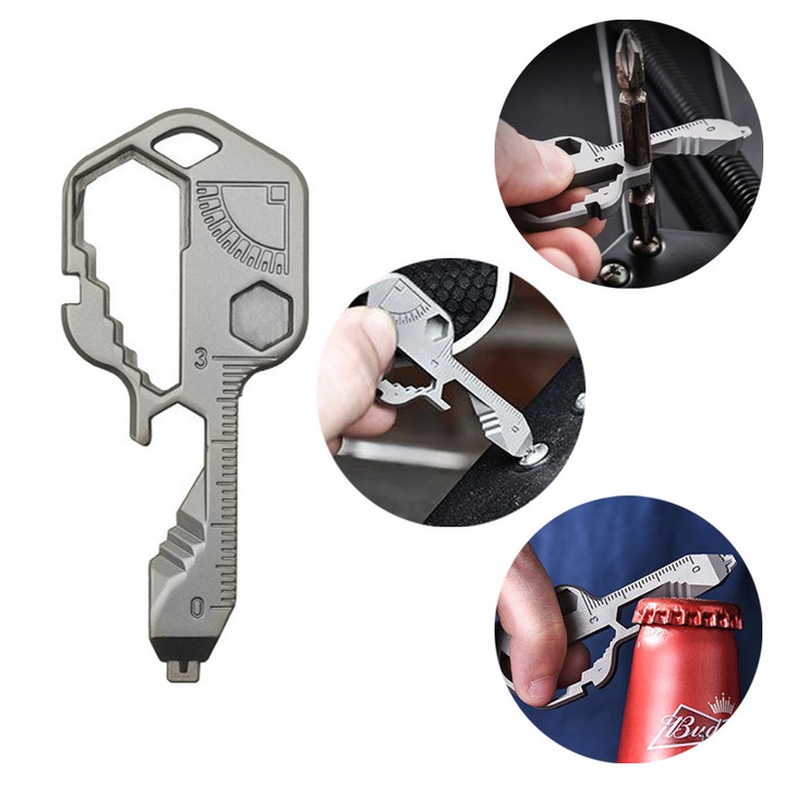 24 az 1-ben multifunkciós javítószerszám, villáskulcs, imbuszcsavarhúzó, üvegnyitó, drótcsupaszító, kötélvágó, reszelő, konzervnyitó, mérővonalzó, hordozható, szürke, 7*2,9*0,5cm