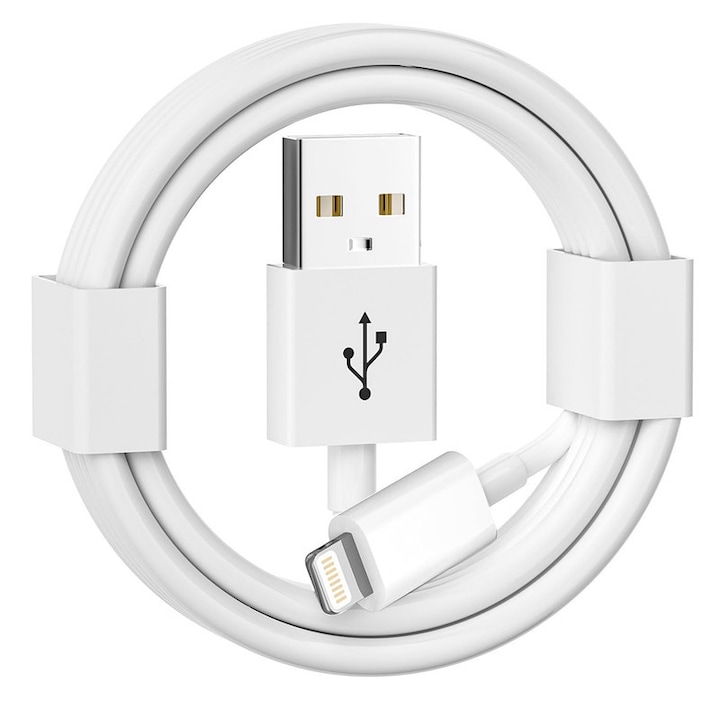 Töltőkábel, USB - Lightning, 1 méter, iPhone 14 /13 /12 / Pro Max /11 / X / XS / XR / 8 Plus / iPad / AirPods / stb. készülékekkel kompatibilis. Fehér.
