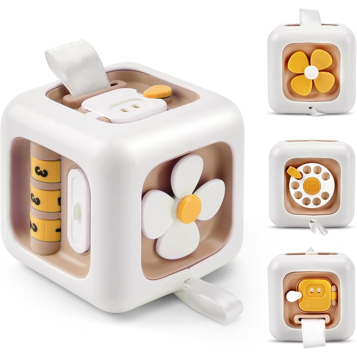 Montessori VoMii játék 1 éves gyermekeknek - 6 az 1-ben szenzoros oktatókocka, hordozható játék kognitív és motoros fejlődéshez, ideális utazáshoz, születésnapi ajándék 12–18 hónapos kortól - Pasztellrózsaszín