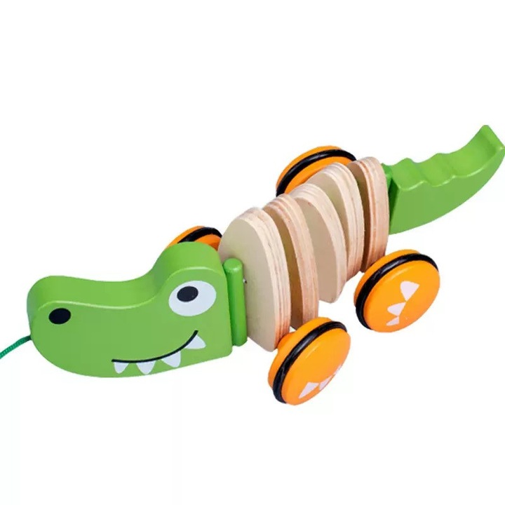 Jucarie Montessori 1-4 Ani – Yagizaai Crocodil din Lemn cu Sfoara, Jucarie de Tras pentru Bebelusi, Cadou Educational Baieti/Fete, Push & Pull, Verde