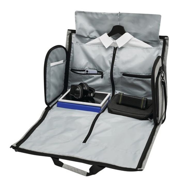 Weser utazótáska, beépített ruhatáska cipzárral, szürke polivászon, több rekeszes, kocsi hüvely, 62 x 26 x 32 cm