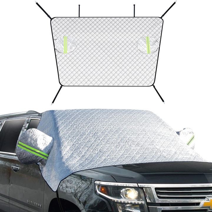 Husa parasolar protectie parbriz iarna-vara, ce reflecta radiatia UV, Anti-Inghet si Anti-Zgariere, Banda Reflectorizanta, Material cu 4 Straturi, din folie aluminiu, Universal, 220x140 cm, Verde/Argint