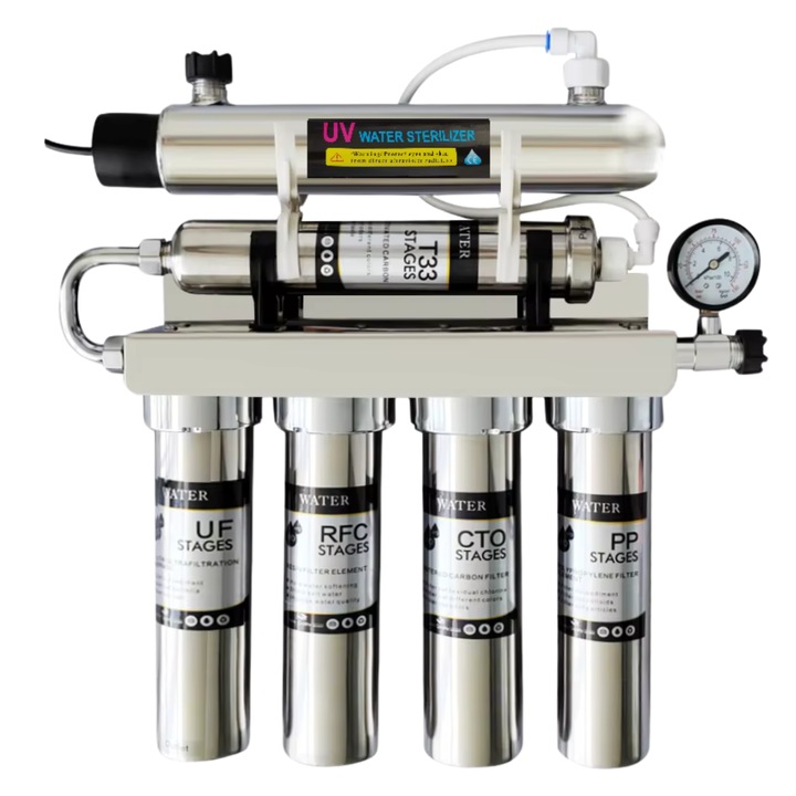 6-степенна система за филтриране на вода Филтриране 180L/H: полипропилен, активен въглен, смола, ултрафилтрация, окончателен активен въглен, UV елиминира бактерии, водорасли, утайка. Изработен от неръждаема стомана 304 за жилищни и търговски приложения