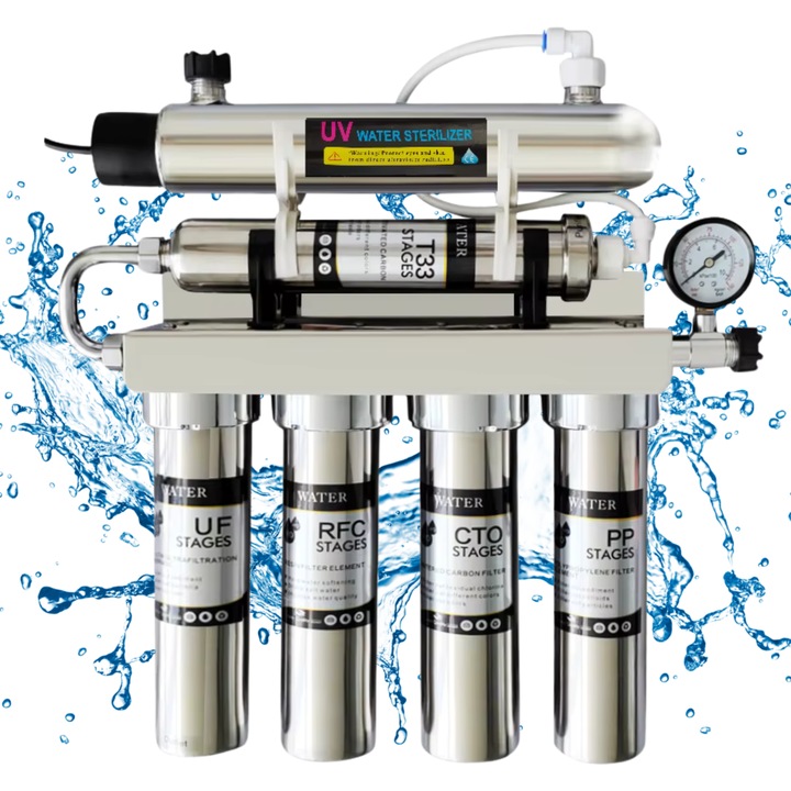Sistem filtrare apa 6 etape, CUANTIS, debit 180L/h, otel inoxidabil 304, filtre PP, carbon activ, rasina, ultrafiltrare, carbon final, UV, pentru uz rezidential si comercial
