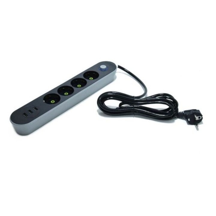 Удължителен кабел с 4 гнезда + 3 USB порта, индикаторна светлина и ключ ON/OFF, кабел 200 см