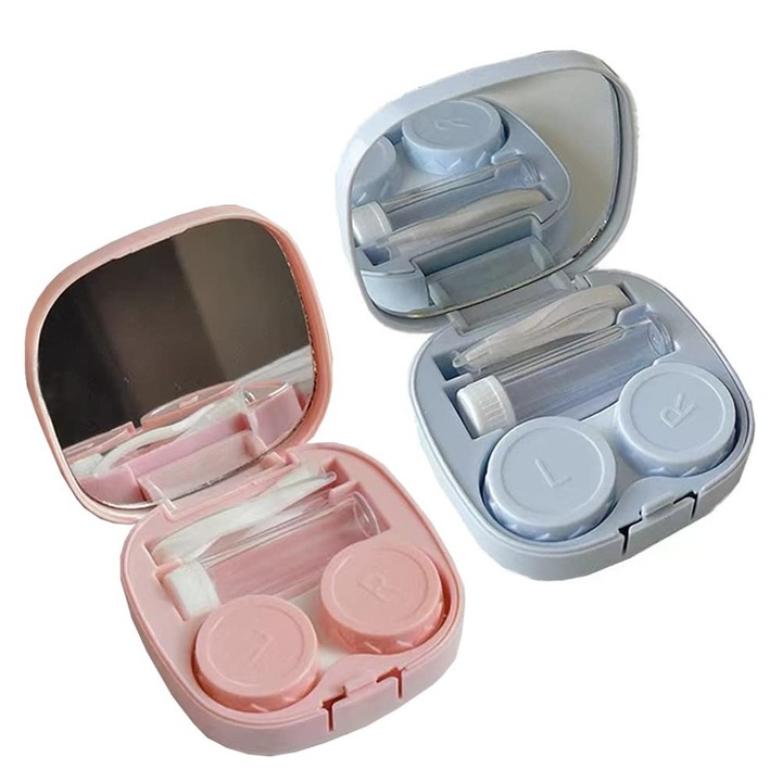 Set aplicator lentile de contact in caseta cu accesorii incluse, 2 buc, roz si albastru, 7x7cm