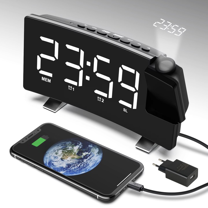 Ceas digital cu radio FM, Proiectie, Led alb, Ecran mare, Rotire proiectie la 180°, Alarma dubla, de dormitor, functie Snooze, 3 Niveluri de Luminozitate, port USB incarcare telefon, adaptor priza inclus, Negru, TSItech®
