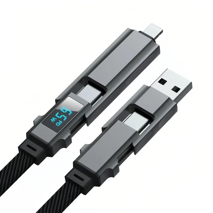 Кабел за данни Sugxia®, 2 м, с LED дисплей, бързо зареждане 4 в 1, USB-C PD 65W, Lightning 27W Fast Charge, съвместим с iPhone/iPad/Samsung/Huawei/Xiaomi, оплетен, механичен стил