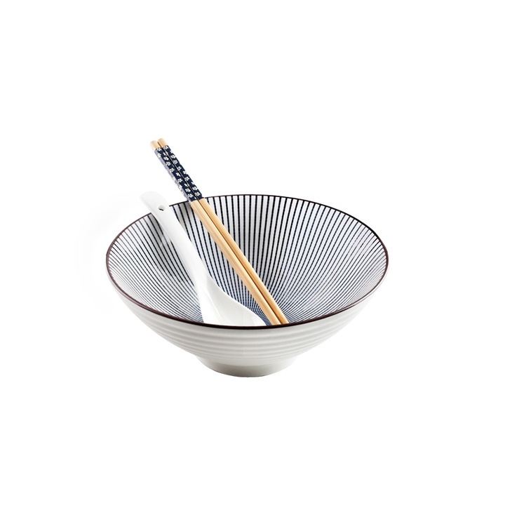 Set servire Ramen Ibili, 3 piese, portelan/bambus, 21x8.5cm. 1.15 l, alb/negru
