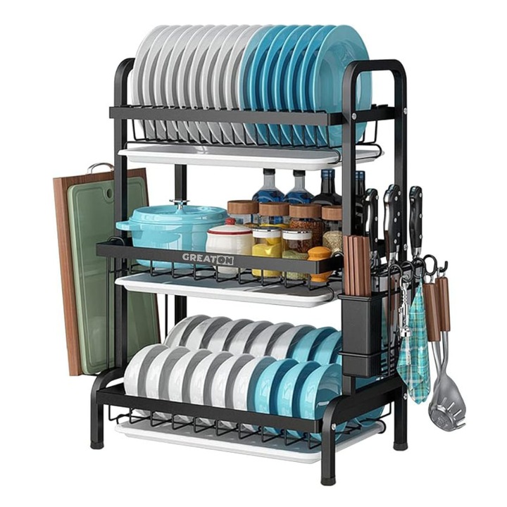 GREATON edénytartó 3 szintes, Konyhai rendszerező edények és evőeszközök szárításához, Többfunkciós lefolyó műanyag tálcákkal, Fém szerkezet, 40 x 24,5 x 60 cm, Fekete