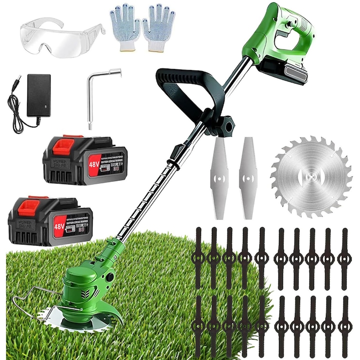Motocoasa Electrica Profesionala Gardeon®, Brat Reglabil 90-120 CM, 1 Disc Taiere, 2 Cutite Din Otel, 20 Lame Din Plastic, 2 Acumulatori 48V, Alimentator Priza, Ochelari Si Manusi Protectie, 18000 RPM, Fara Fir, Autonomie Extinsa, ABS/Metal, Culoare Verde