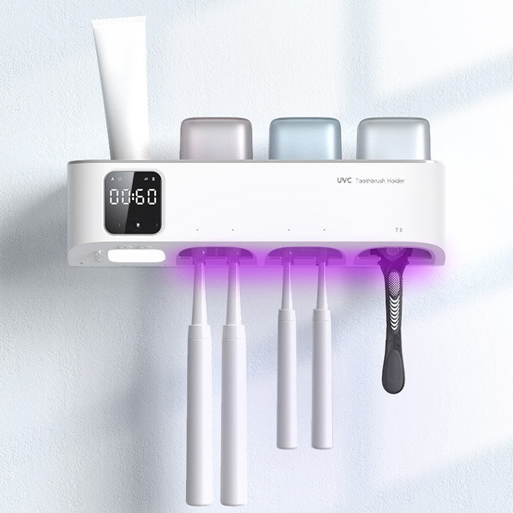 Suport Inteligent pentru Periute de Dinti ALQUALITY® - 3 Pahare si 5 Sloturi Separate, Senzor Inteligent de Detectare a Corpului Uman, Lumina de Noapte, Uscare Automata cu Temporizator, Compatibil cu Toate Tipurile de Periute