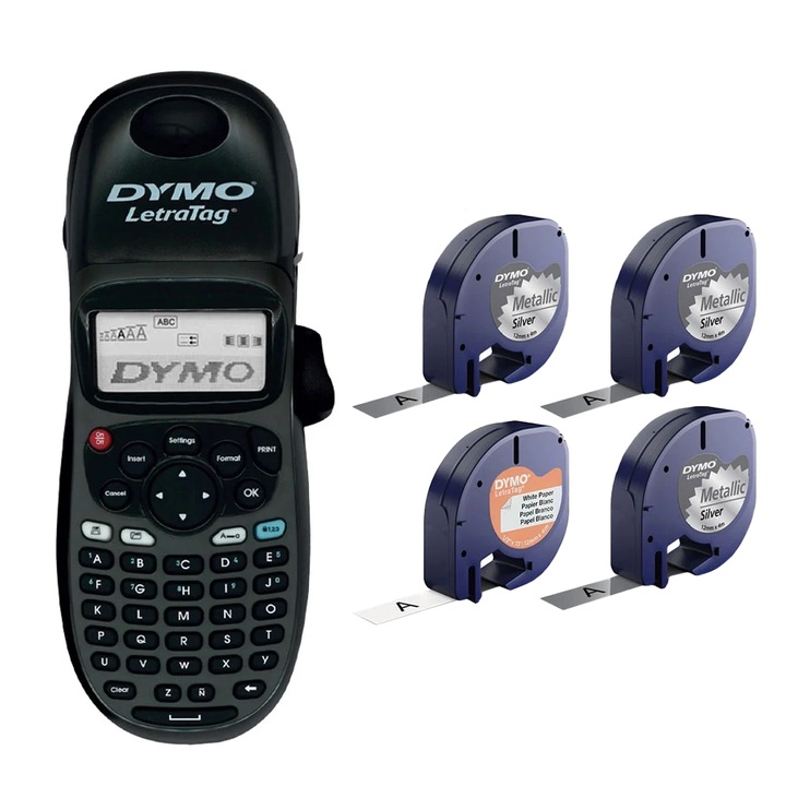 Set Imprimanta termica etichete DYMO LetraTag LT-100H cu benzi originale DYMO una din hartie alba si 3 benzi argintii