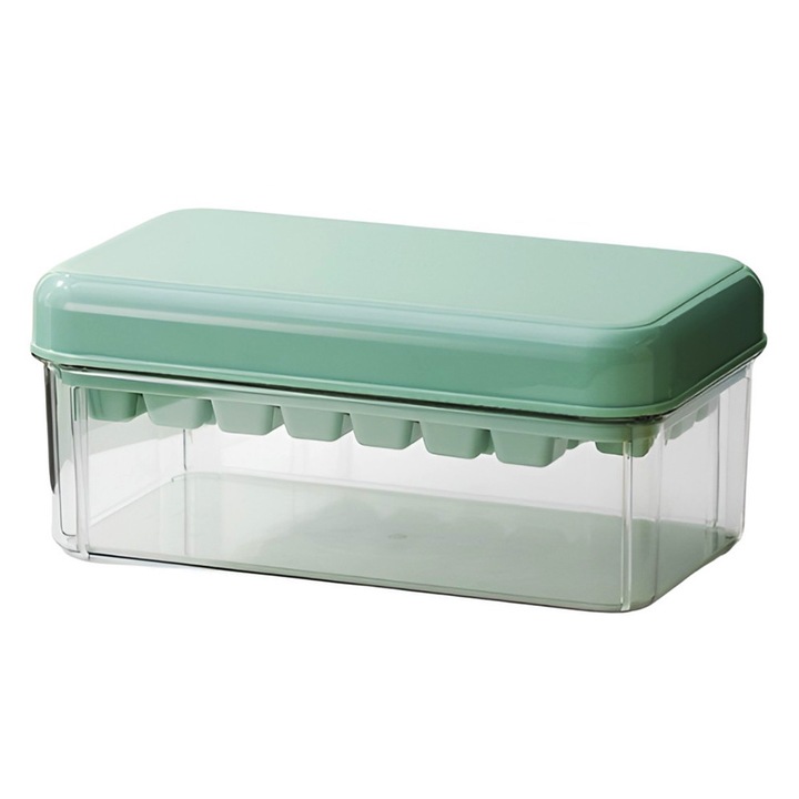 Set Cutie pentru Gheata, OPTIM SOLUTION, 1 x Tavita pentru 30 Cuburi de Gheata, Cocktailuri, Ceai, Bauturi Racoritoare, Cafea, 1 x Lopata Gheata, Grila cu Sistem de Presare, Versatilitate, Inchidere Etans, Nu Absoarbe Mirosuri, 23.5 x 13.3 x 10 cm, Verde