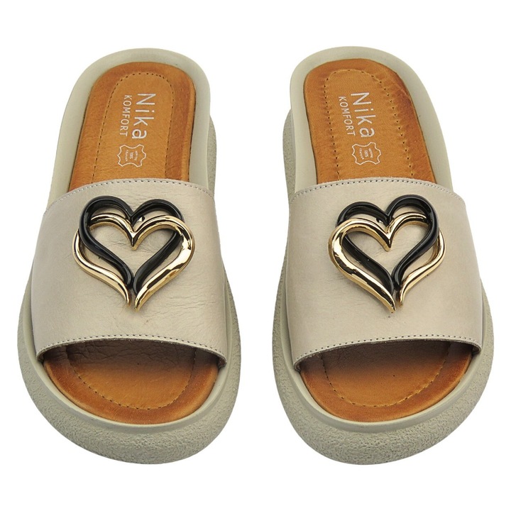 Slapi dama, Nika Komfort, talpa groasa, gri, piele naturala