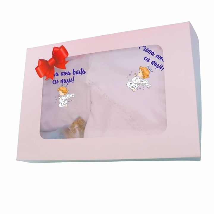 Set Prima mea baita cu Nasii, bumbac, 80x80cm, body, saculet organza