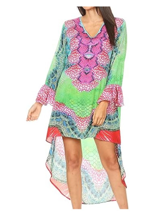 Rochie plaja cu maneca cu decolteu in V, tunica boho, cu imprimeu marime universala SCM253