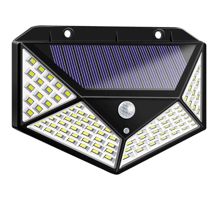 Lampa solara de exterior, 100 LED-uri, cu reflector de lumina si 3 moduri de iluminare, senzor de miscare, IP44, impermeabila, cu energie solara, iluminare puternica pentru curte, gradina, terasa, gazon, neagra
