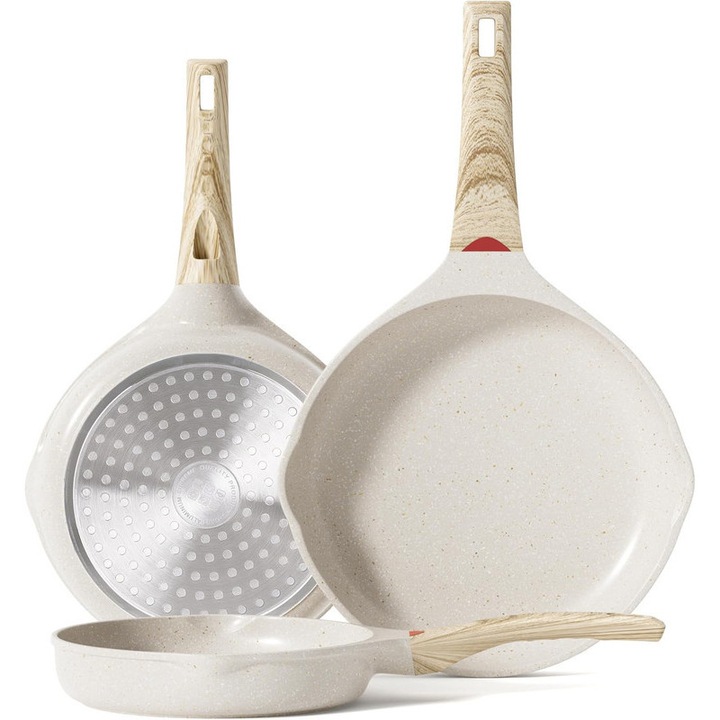 Комплект 3 незалепващи тигана, 8/9.5/11 инча, с топлоустойчиви дръжки, бежови