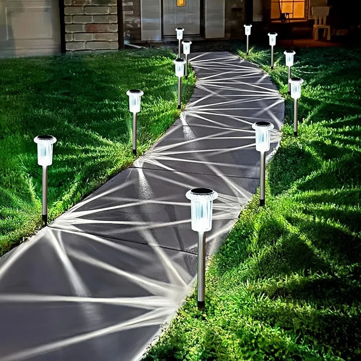 einnenffer Комлект 10 соларни LED външни градински светлини, от неръждаема стомана, водоустойчиви, за пътека, градина, двор, алея, алея, морава, вътрешен двор, външен декор, студено бяло