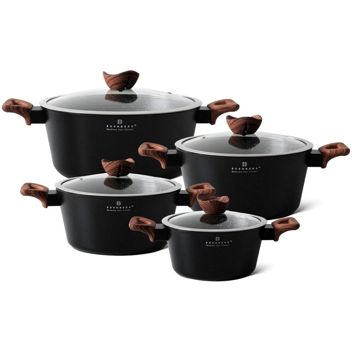 Set Rosa Bella de 8 bucati, vase de gatit antiaderente, fabricate din aluminiu turnat sub presiune, Negru RB-611