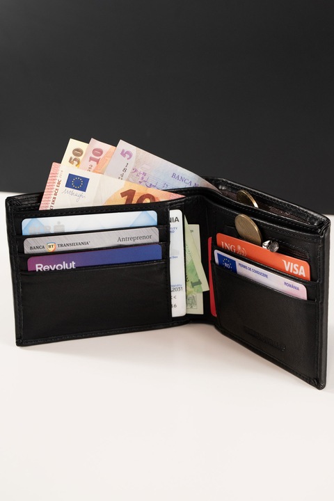 Portofel barbati, piele naturala, buzunar pentru buletin, permis, compartiment pentru bancnote/monede, sloturi pentru carduri, Negru inchis