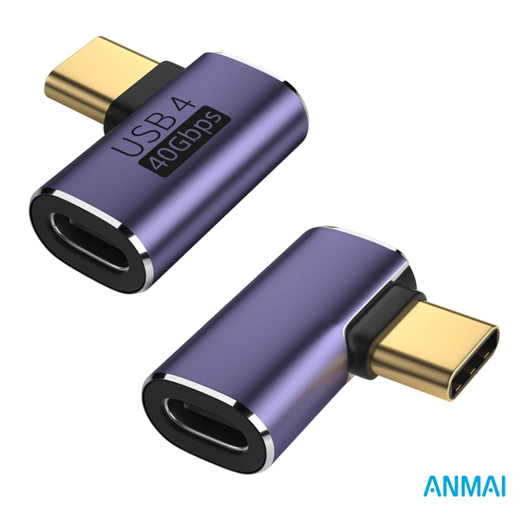 Adaptor Anmai USB-C la USB-C, Unghi Drept 90 Grade (L-Shape), Transfer Date 40Gbps, Power Delivery 100W, Plug and play, Carcasa Aluminiu