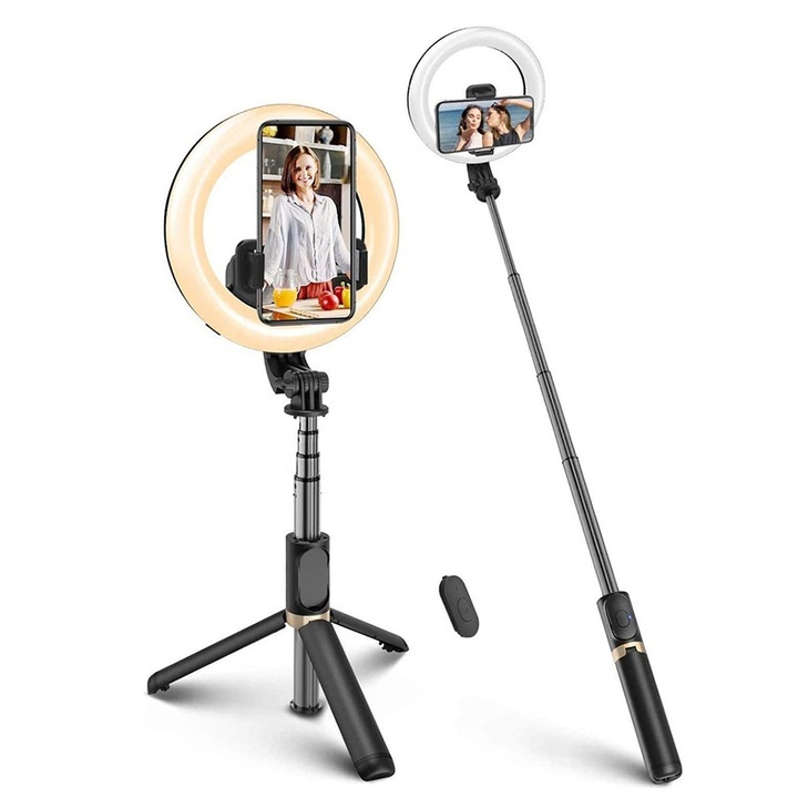 Стабилен селфи стик с кръгла светлина, SOL Gadget, 80 см, J62, силиций, интензивен тъмен