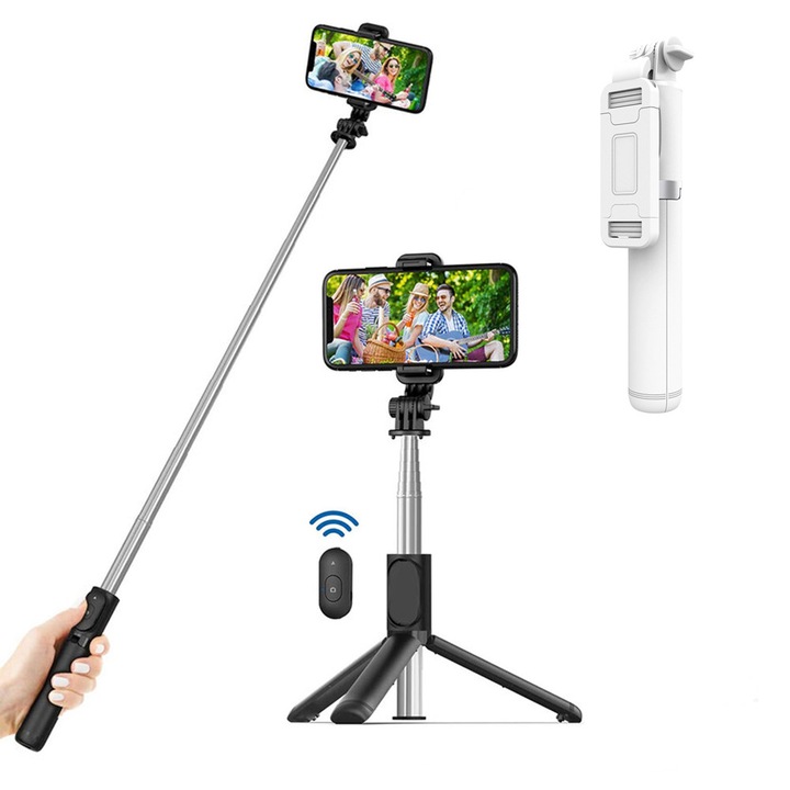 Selfie stick, cu Bluetooth, din ABS, extensie maxima 101 cm, culoare Alb, Stef's Cat
