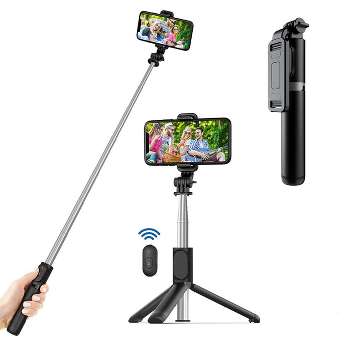 Selfie stick, cu Bluetooth, din ABS, extensie maxima 101 cm, culoare Negru, Stef's Cat