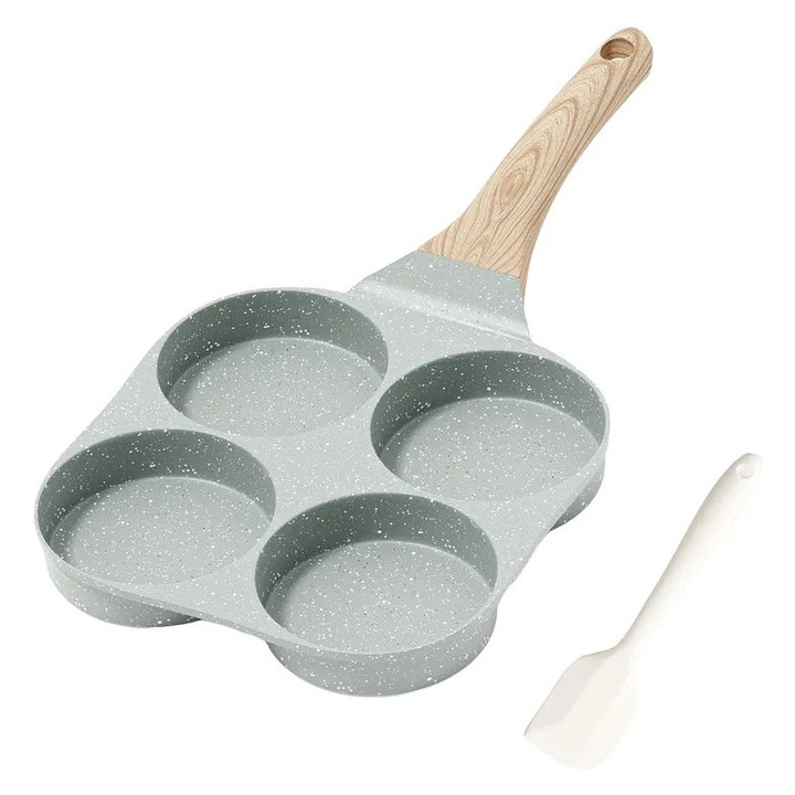 Тиган за яйца с шпатула, 4 отделения, незалепващ гранит, екологичен, зелен