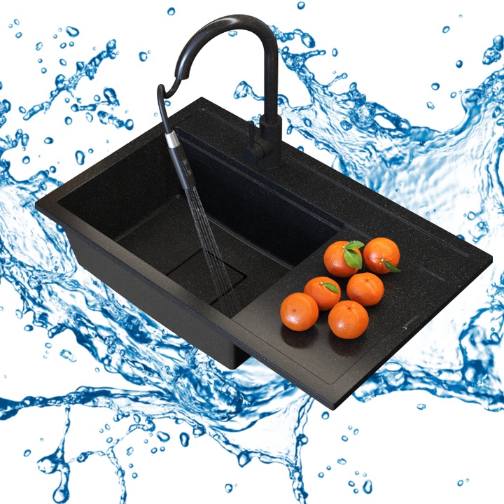 Pachet Chiuveta, Granitan, Rendo, 800x500x220 mm, Multicolor, Material 80% Granit, 20% Rasina Poliester-Acrilica, Adancime Cuva 220 mm, Diametru Scurgere 90 mm, Posibilitate De Montare In Dulap De 60 cm, Cu Baterie Si Sifon