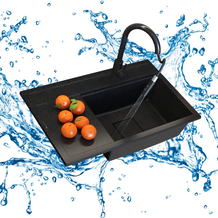 Pachet Chiuveta, Granitan, Rendo, 800x500x220 mm, Multicolor, Material 80% Granit, 20% Rasina Poliester-Acrilica, Adancime Cuva 220 mm, Diametru Scurgere 90 mm, Posibilitate De Montare In Dulap De 60 cm, Cu Baterie Si Sifon