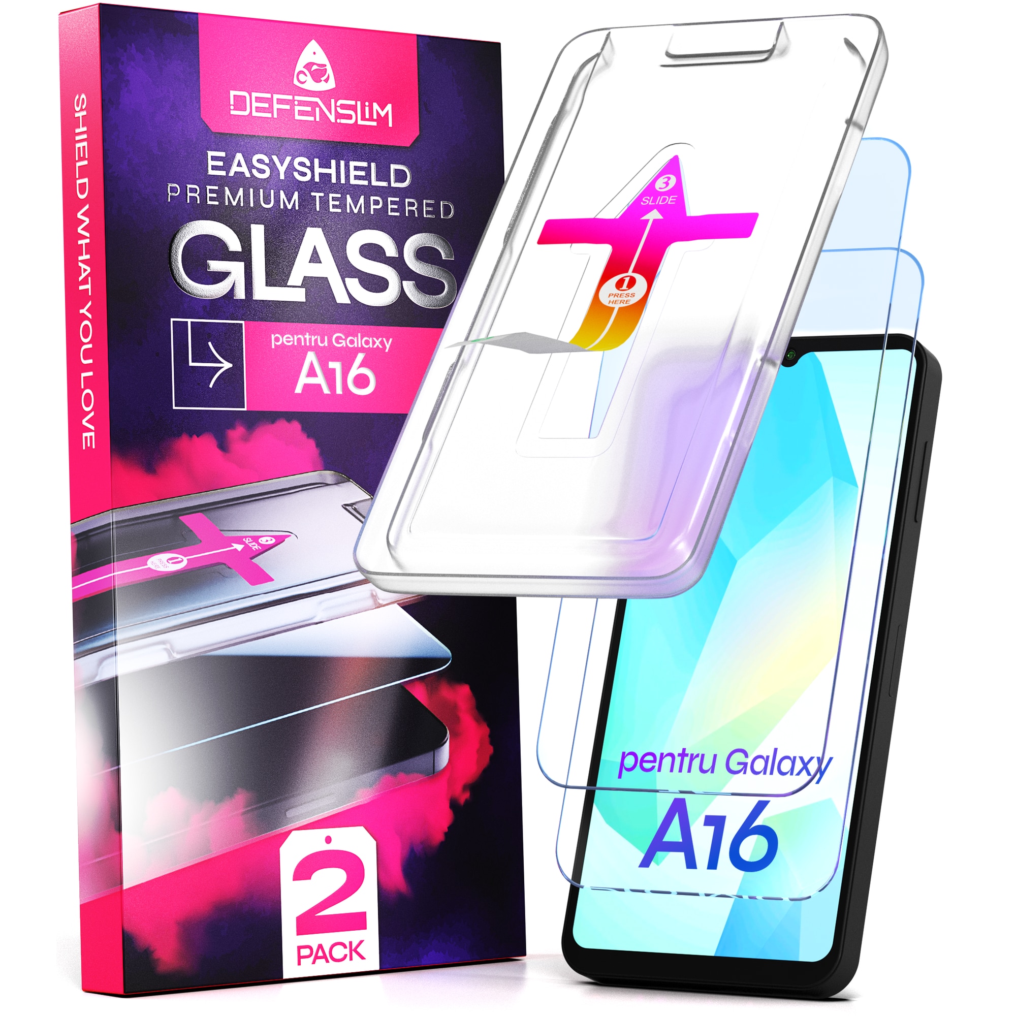 Set 2 Folii sticla compatibil cu Samsung Galaxy A16, DefenSlim, instalare usoara si rapida cu dispozitiv de potrivire automata in 30 sec cu Easy Install Kit patentat, protectie telefon