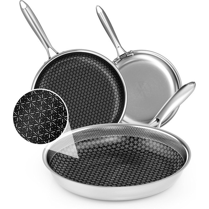 Комплект от 3 тигана 10 инча от неръждаема стомана, хибриден дизайн, устойчиви на корозия, за всички котлони