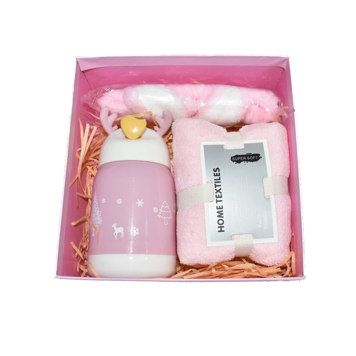 Подаръчен комплект от 3 части, розова лента за глава 19, 7x5, 5 см, кърпа за лице 36x80 см, стъклен термос