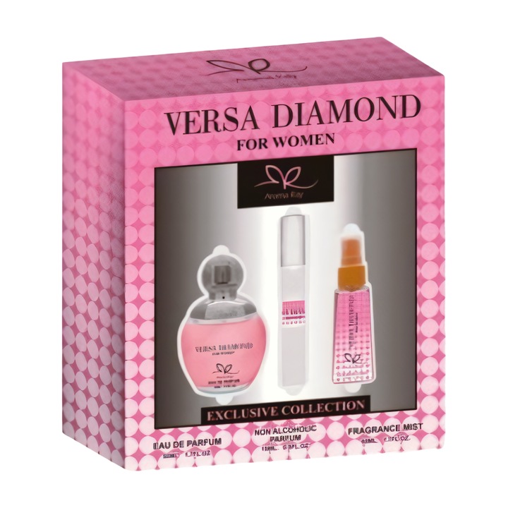 Дамски парфюм, AROMA RAY, VERSA DIAMOND, комплект, Тоалетна вода 50мл, Парфюм 15мл, Спрей 50мл