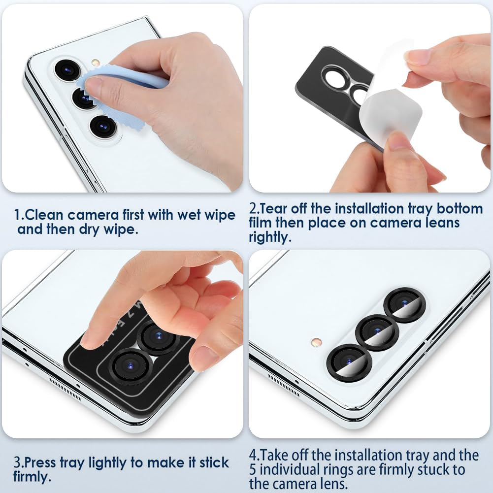 Protector pentru lentile pentru camera pentru Samsung Galaxy Z Fold5, MDUG film de ecran al lentilei din aluminiu din aluminiu, capac pentru lentile protector de ecran, protectie pentru camere spate 9H, sticla temperata cu ghid de aliniere, negru