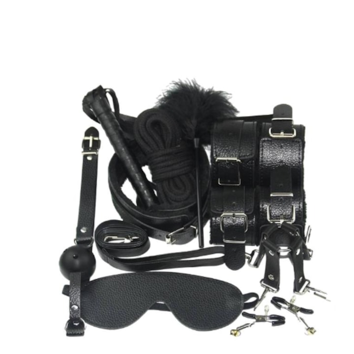 Set bondage din 10 piese, din piele/bumbac, material moale, bici, masca, guler, calus, franghie