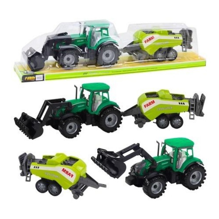 Трактор с товарач и селскостопанска балираща преса, Leantoys, зелен, 48x12x10.5 см, комплект
