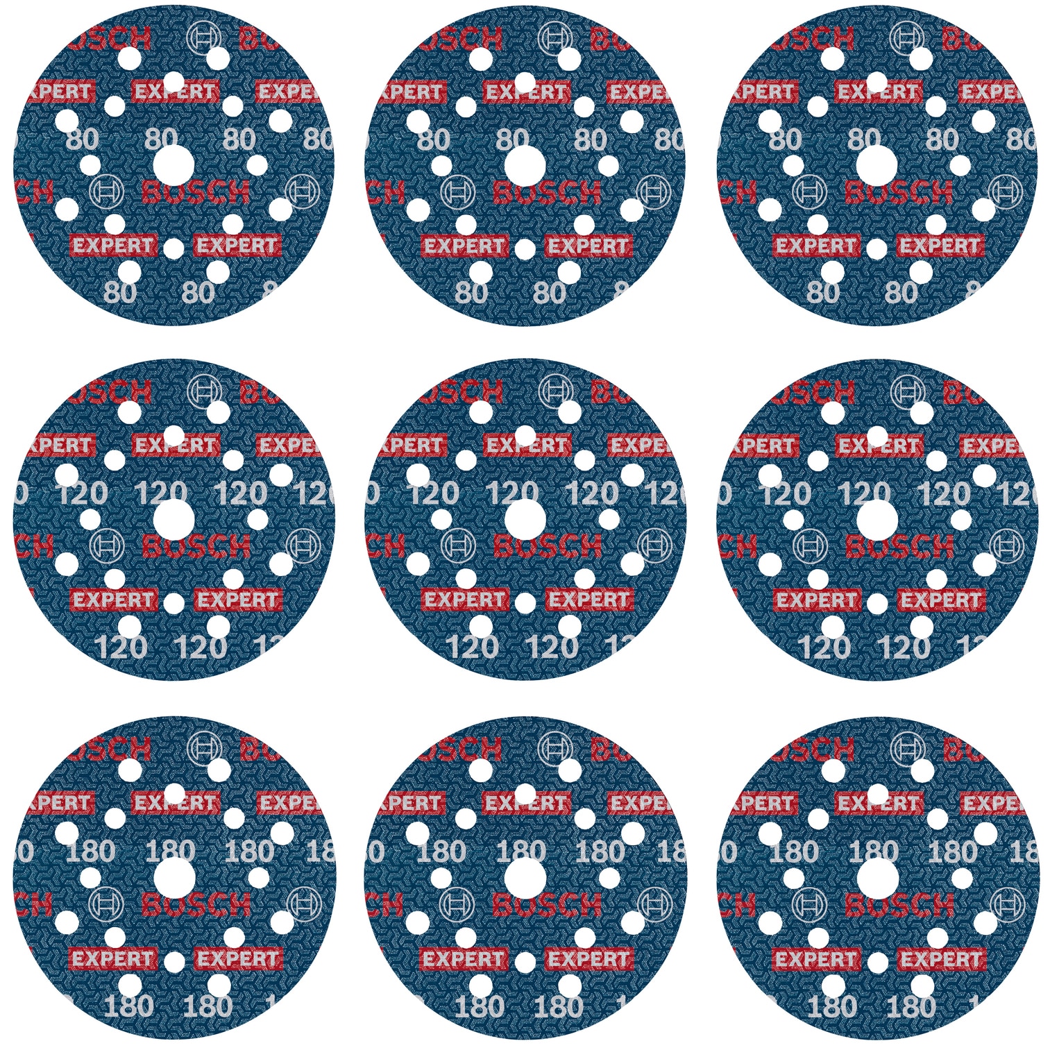 Set 9 discuri abrazive Bosch Expert O780,125 mm diametru disc, 80/120/180 granulatie