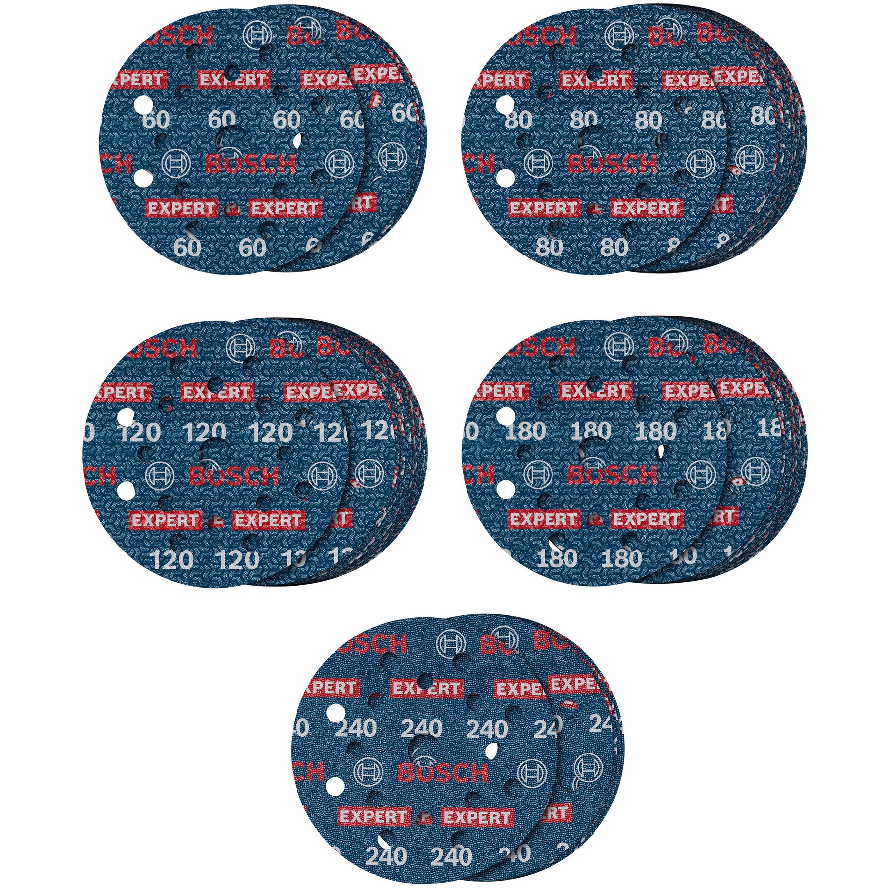 Set 55 discuri abrazive Bosch Expert O780,125 mm diametru disc, 60/80/120/180/240 granulatie