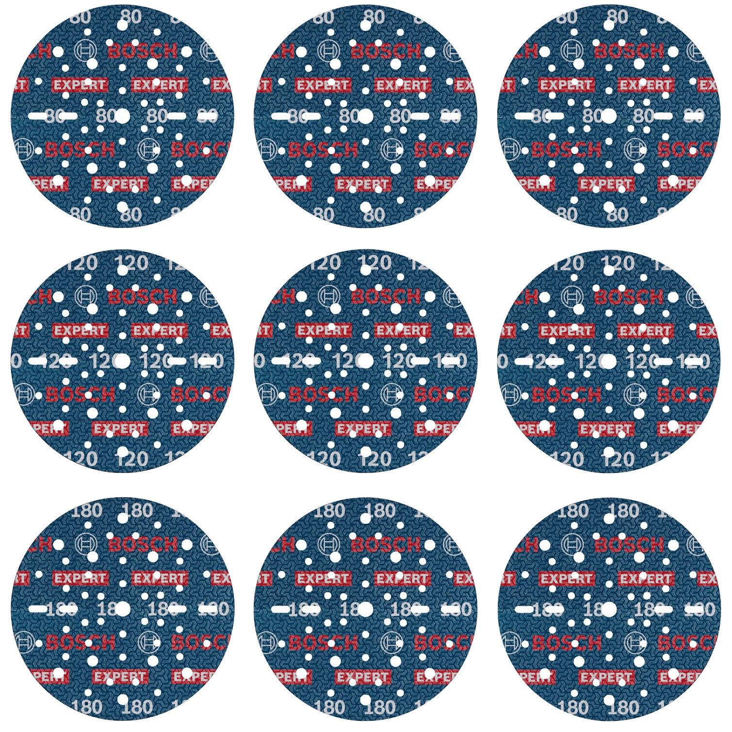 Set 9 discuri abrazive Bosch Expert O780,150 mm diametru disc, 80/120/180 granulatie