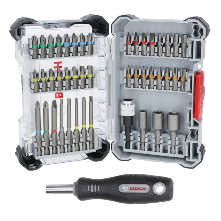 Set 44 piese de insurubare Bosch Professional Extra Hard 2607017732, biti, chei tubulare, maner surubelnita