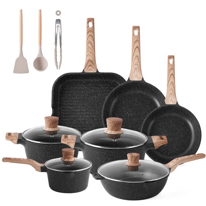 Set de vase de gatit 21Pcs, set de oale si tigai antiaderente, vase de gatit cu inductie din granit, set de gatit in bucatarie antiaderent, set de gratar gri-alb, fara PFOS si PFOA