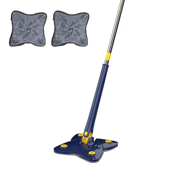 Set mop multifunctional cu 2 lavete NEXTLY pentru suprafete uscate si umede, cap forma de stea rotativ 360° si pliabil 180°, stergator pentru geamuri, podele, pereti, mobila, laveta microfibra lavabila si detasabila, maner 110cm, albastru