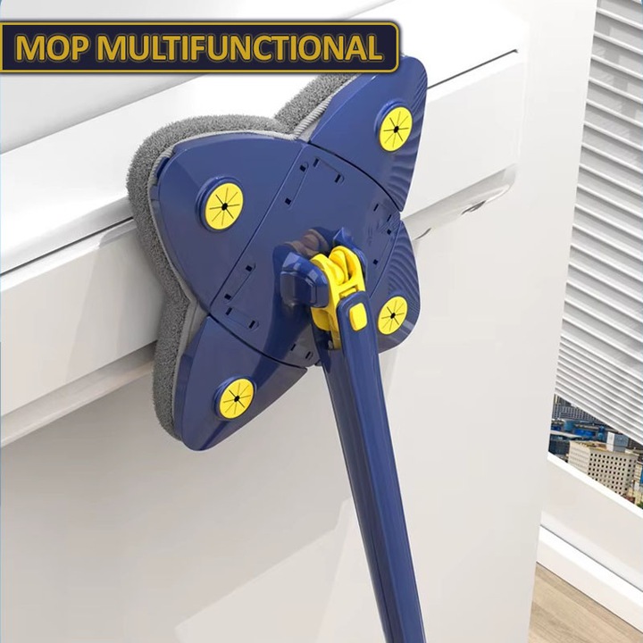 Set mop multifunctional cu 5 lavete NEXTLY pentru suprafete uscate si umede, cap forma de stea rotativ 360° si pliabil 180°, stergator pentru geamuri, podele, pereti, mobila, laveta microfibra lavabila si detasabila, maner 110cm, albastru